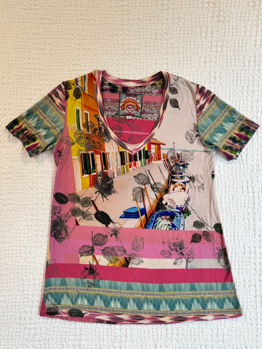 Johnny Was Burano Venice Print V-Neck Top XS